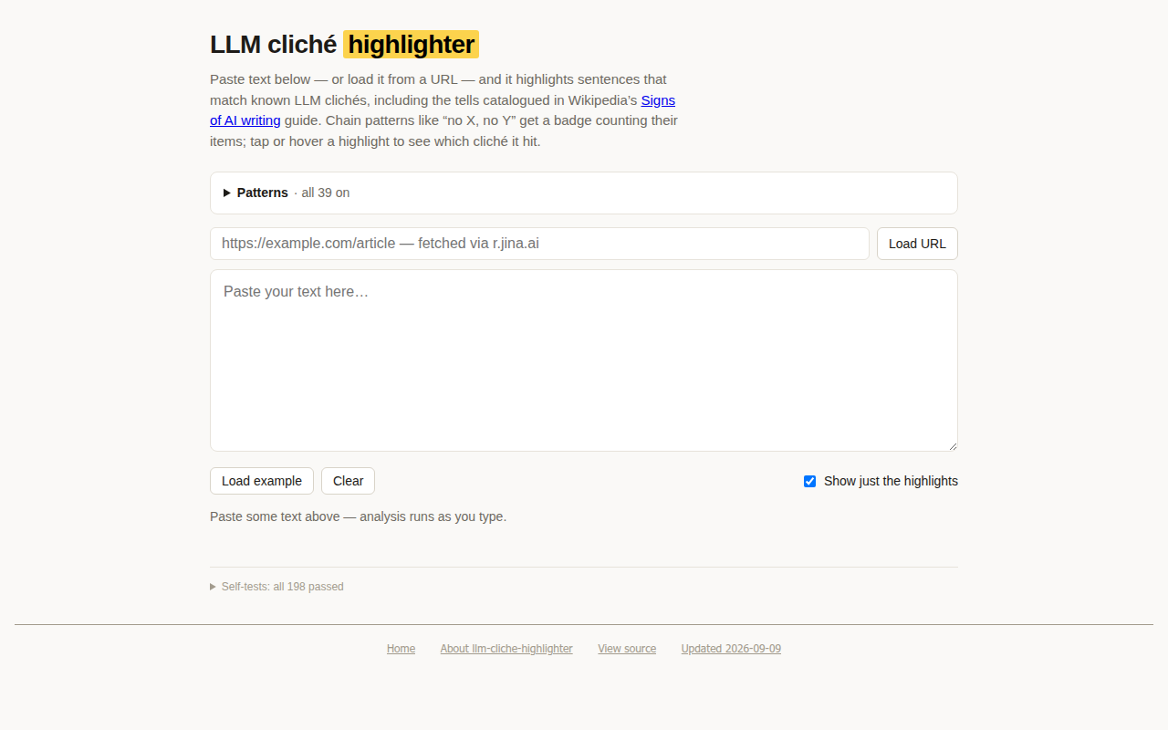 Screenshot of LLM cliché highlighter