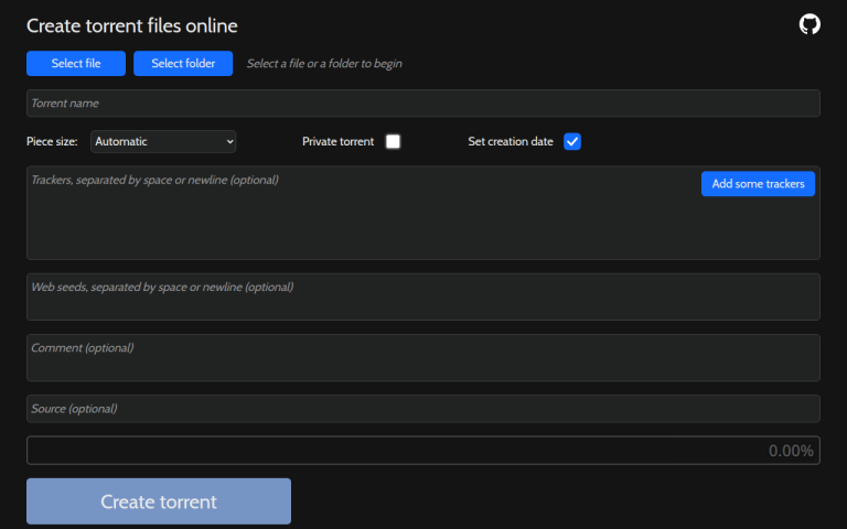 Screenshot of Online torrent creator
