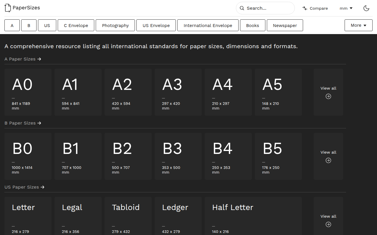 Screenshot of Paper Sizes