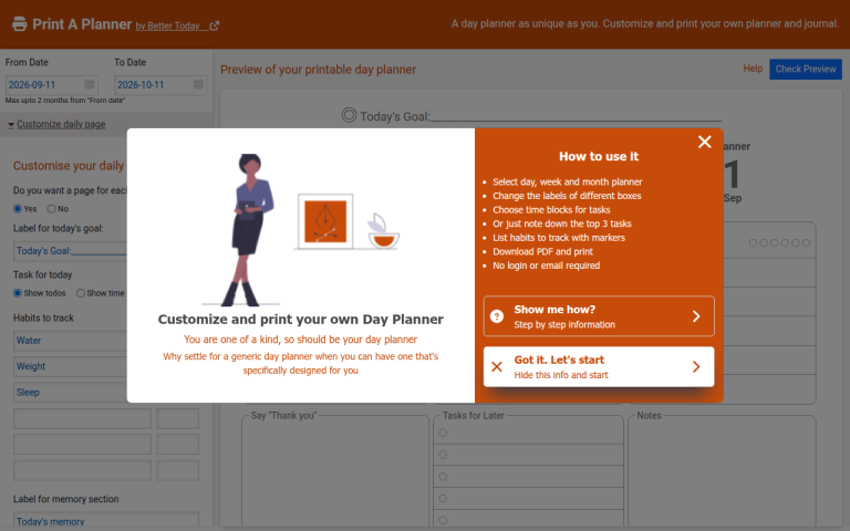 Screenshot of Print a planner