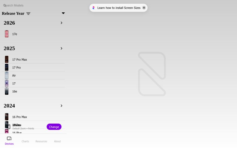 Screenshot of Screen Sizes