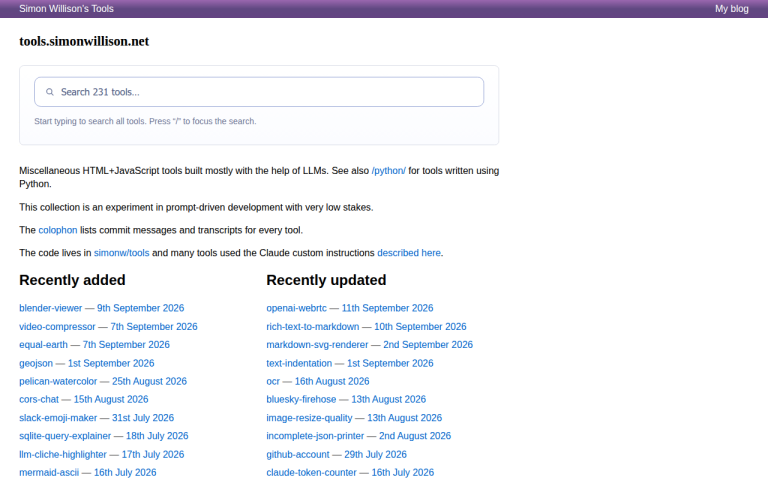 Screenshot of Simon Willison's Tools