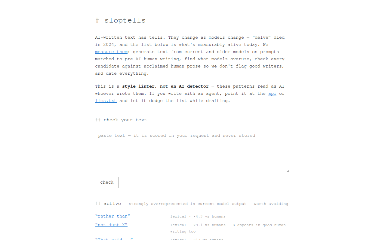 Screenshot of sloptells